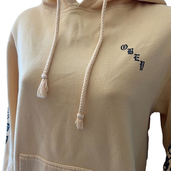 OBEY Yellow Hoodie with Black Rose Graphic Detailing on Sleeves Size Small - Picture 4 of 7